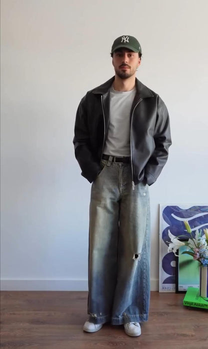 Men’s Black Faux Leather Bomber Jacket – Vintage Drip