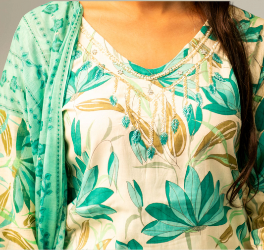 Floral Print Cotton Kurta Set with Dupatta, Mint Green and Cream