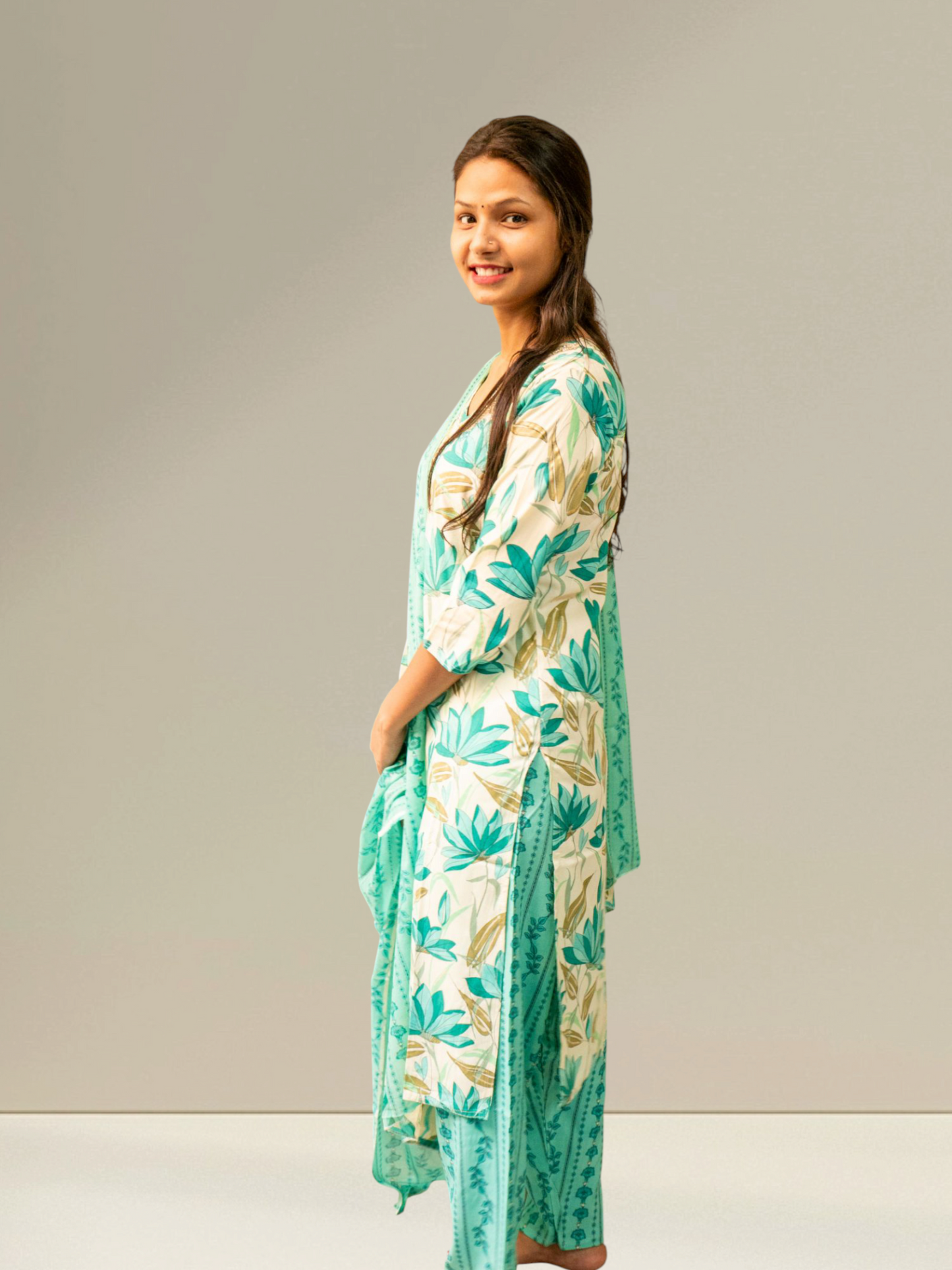 Floral Print Cotton Kurta Set with Dupatta, Mint Green and Cream