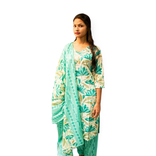 Floral Print Cotton Kurta Set with Dupatta, Mint Green and Cream